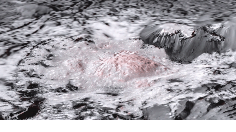 Rotating animated image of lumpy black and white landscape with faint pink markings and black sky.