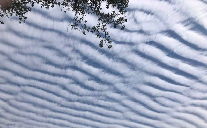 Sky filled with wavy white and gray-blue horizontal stripes.