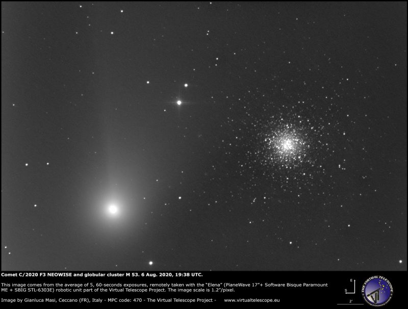 A comet with a tail, next to a round cluster of very many stars denser toward the middle.