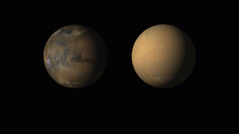 Dois planetas avermelhados sobre fundo preto. O da esquerda tem características. O da direita tem um laranja pálido.