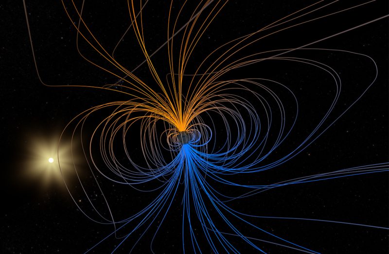 Earth, with lines that arc from north to south poles.