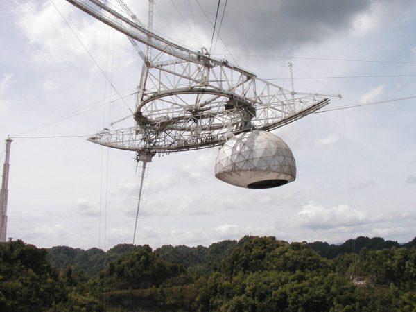 Geodesic dome hanging from trusses above Arecibo telescope dish.