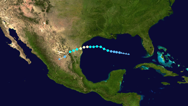 Satellite map of Gulf of Mexico, southern U.S. and Mexico with colored dots along Hanna's path.
