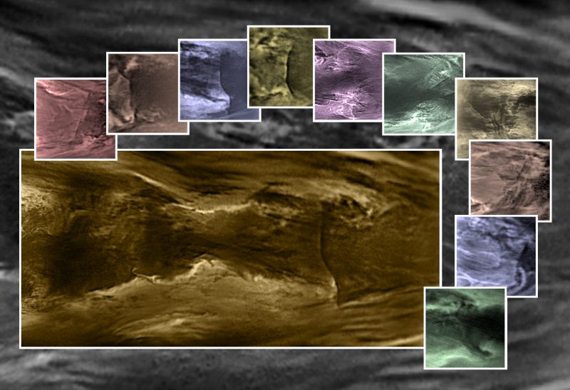 Multi-colored wavy formations in small inset squares next to a large rectangle around waves.