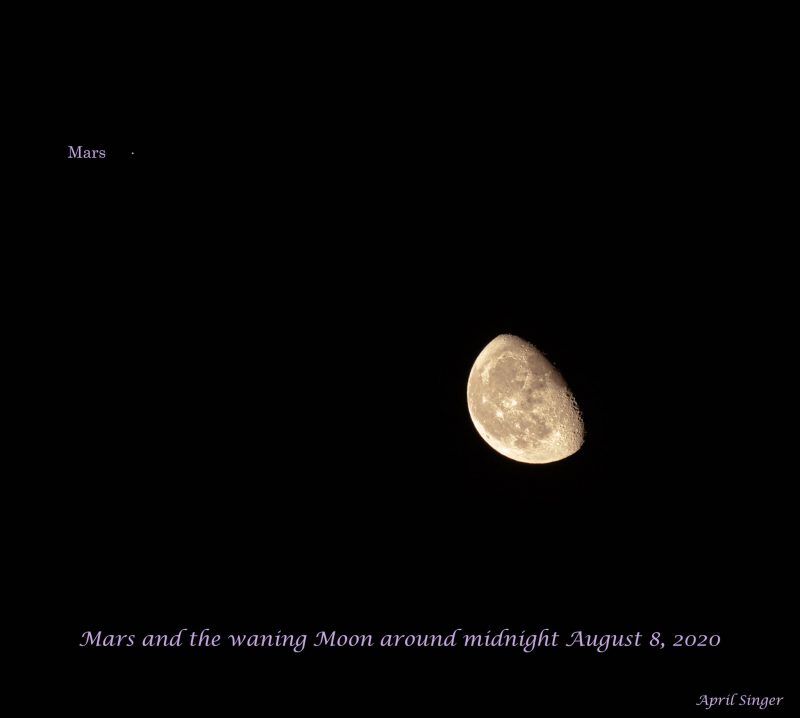 A nearly last quarter moon near a red dot: Mars.