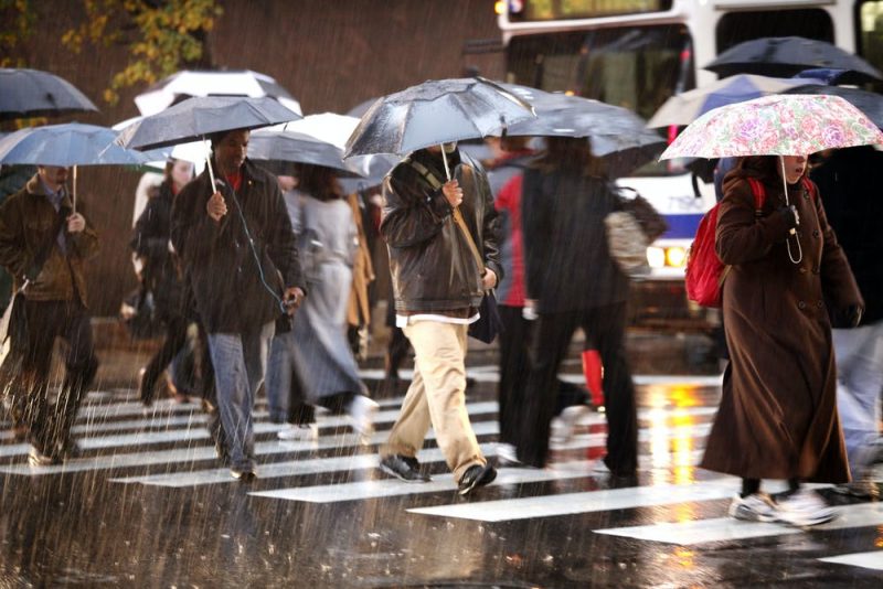 People with umbrellas crossing a street in the rain.
