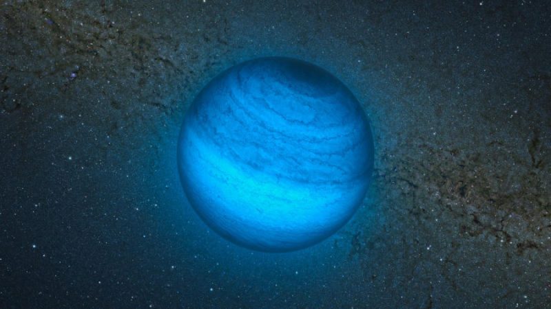 Bluish planet with dark bands and stars in background.