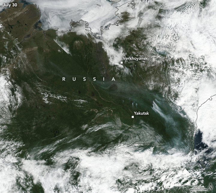 Orbital view of dark green land with huge areas covered in swirling white smoke.