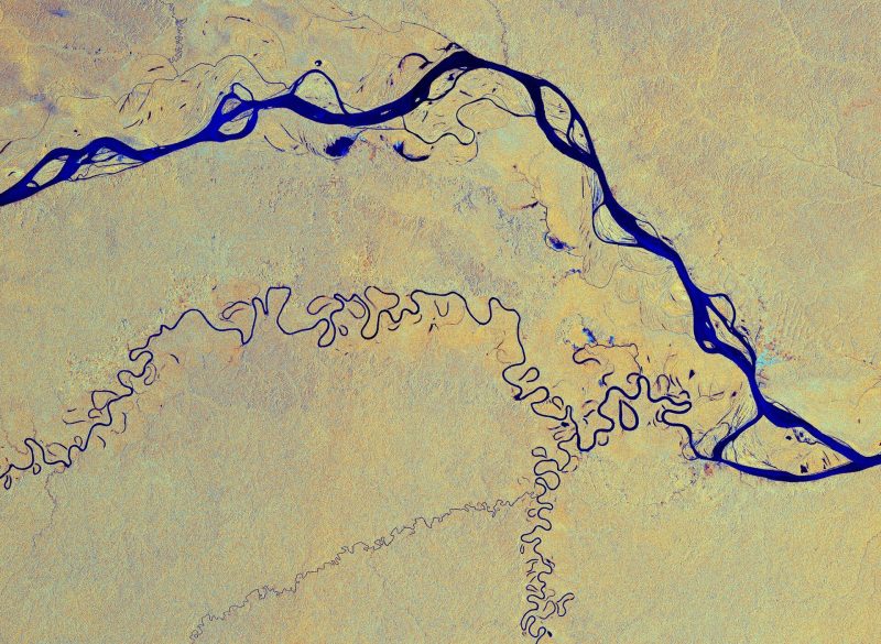 A squiggly blue line running through a yellow-brown background.