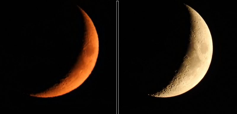 Two views of crescent moon, one perceptibly wider and clearer.