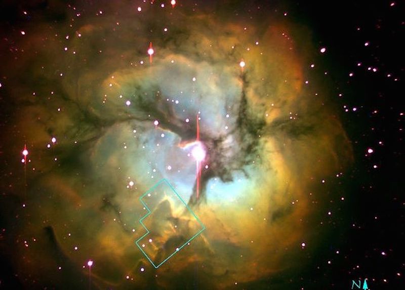 A billowing, colorful three-part cloud in space.