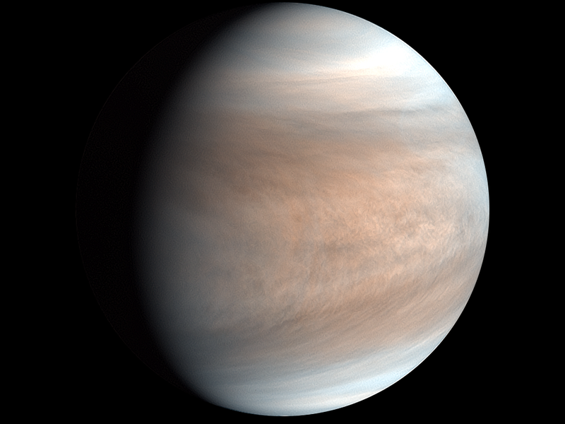 Planet covered by nearly featureless pale pink and gray wispy clouds on black background.