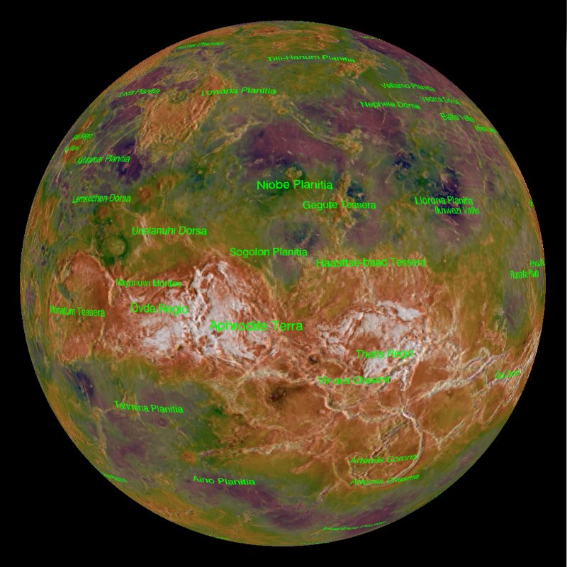 False-color globe of Venus with many features labeled in green showing highs and lows on landscape.