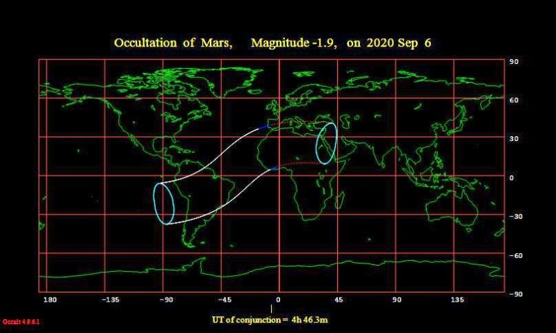 worldwide map of the occultation of Mars.