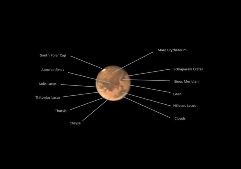 Telescopic image of Mars, with many visible features labeled.