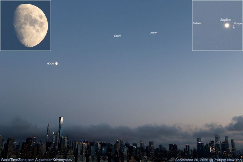 Planets and moon above New York City skyline, in twilight.