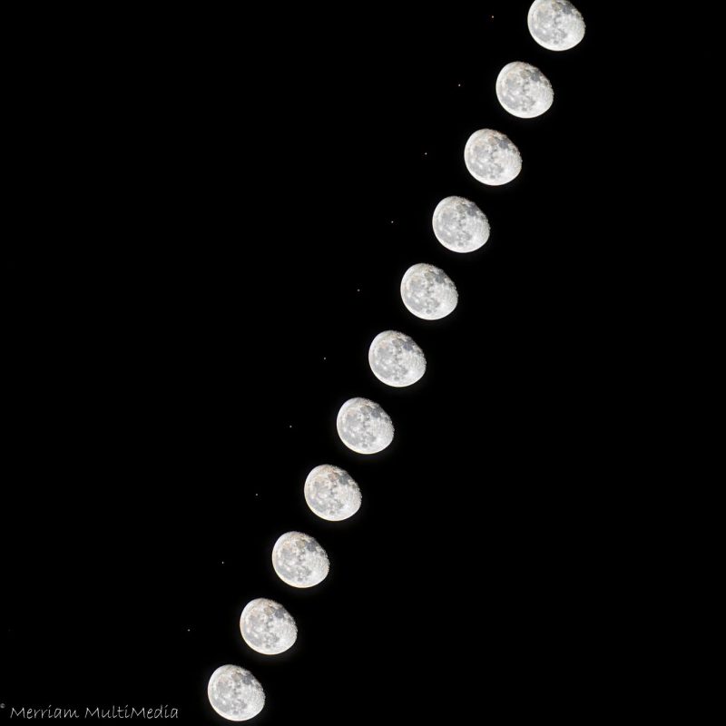 Line of images of waning gibbous moon each with a dot, Mars, next to it.