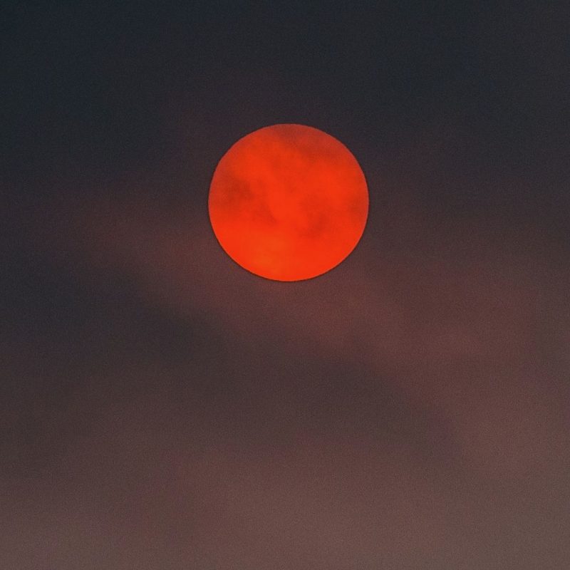 Very red sun, amidst clouds.