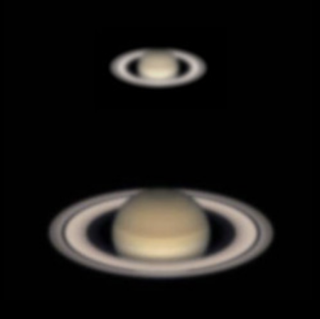 Two oblique views of ringed planet, the second larger with Saturn's bands and division in rings visible.