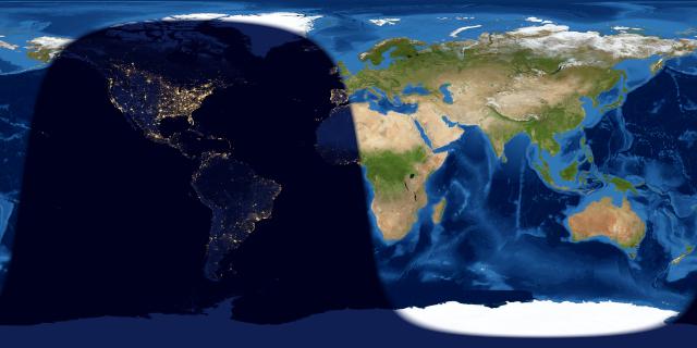 Map of Earth showing day and night side of Earth at full moon.