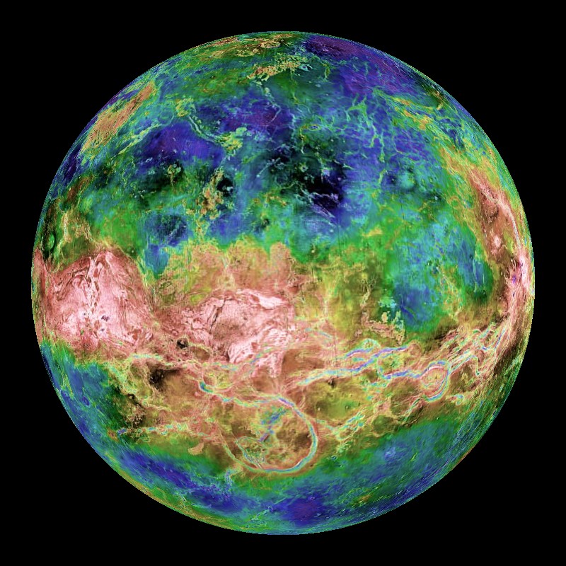 False-color map of globe of Venus showing highs and lows of the landscape.