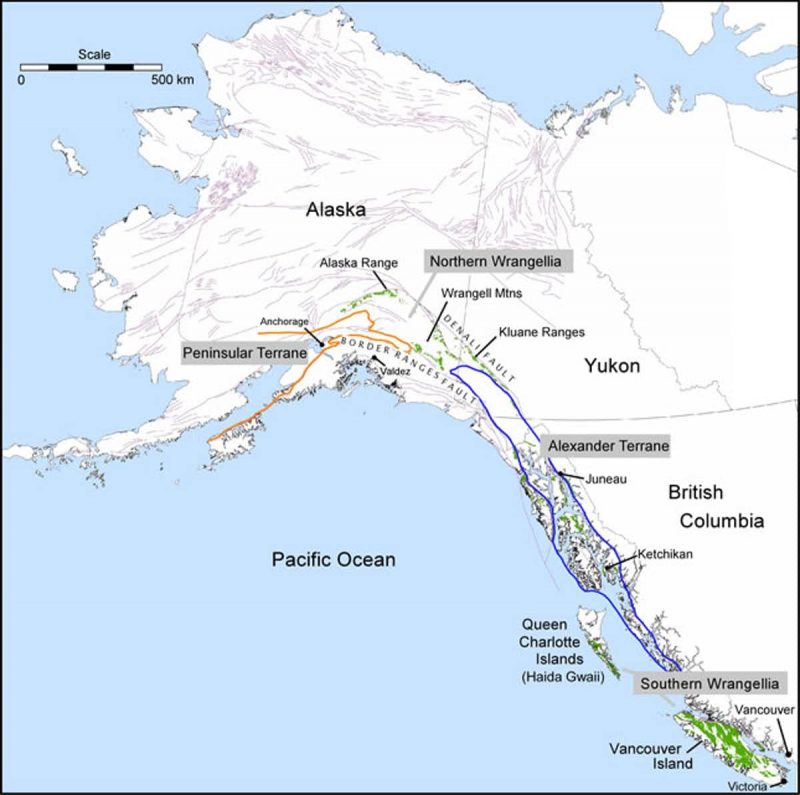 Map of Alaska and western Canada with elongated, labeled areas outlined near coast.