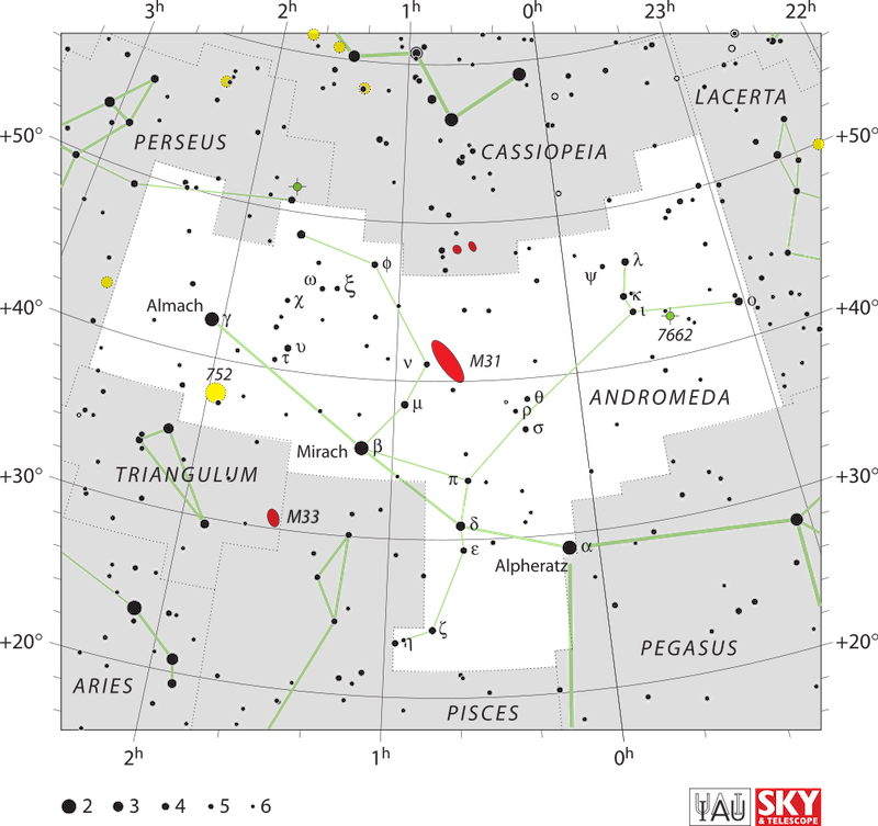 Star chart with stars in black on white and red oval for galaxy.