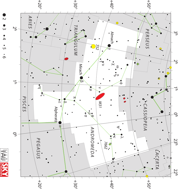 A sideways star map showing Andromeda, including the location of the Andromeda galaxy.
