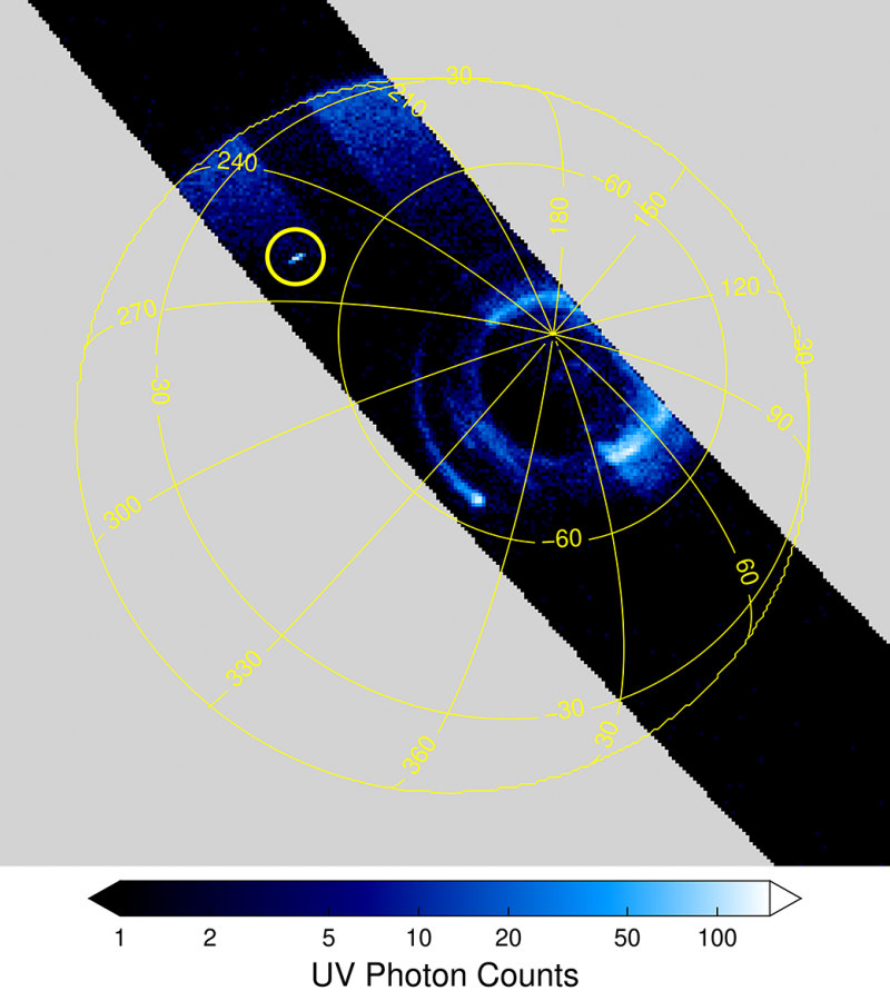 Dark globe with grid lines and large round blue patch. Near it is a small bright blue streak circled in yellow.