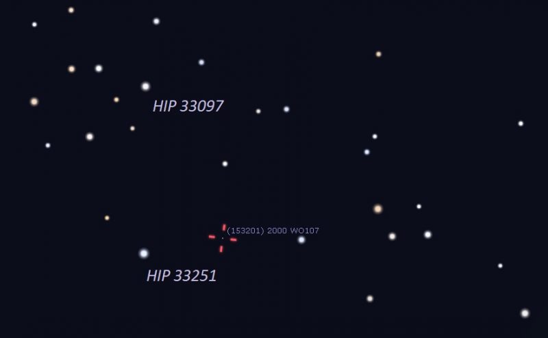 Sky chart with two stars labeled and tick marks for location of asteroid.