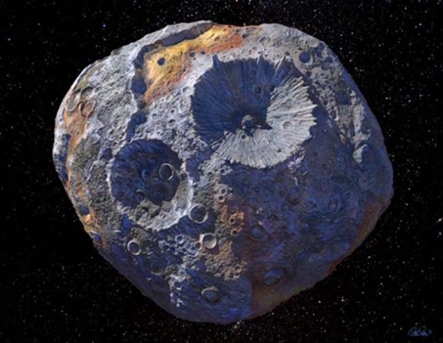 Roundish blue and brown object in space with large and small craters.