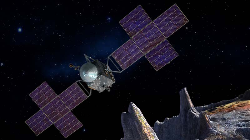 Partial view of cratered asteroid with spacecraft with wide X-shaped solar panel wings.