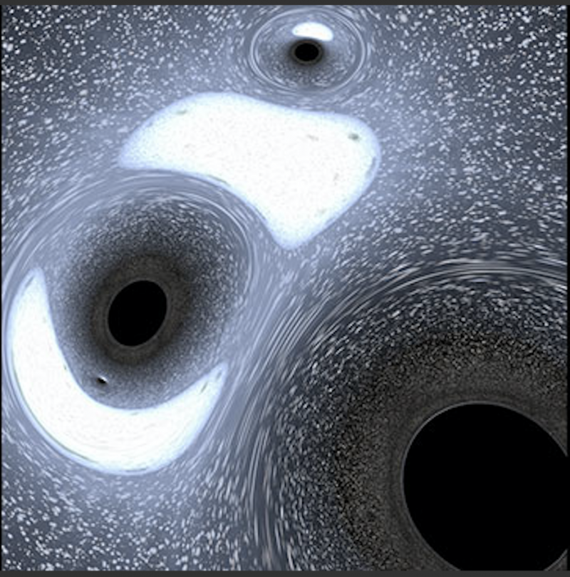 Illustration of a multiple black holes orbiting each other.