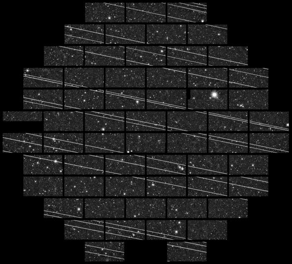 A time-lapse image shows the passage of a Starlink satellite cluster, creating bright streaks through a telescope’s field of view.