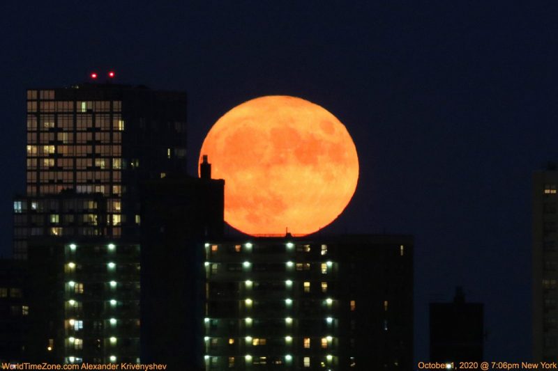 Huge, slightly flattened golden full moon behind tall buildings with lighted windows.