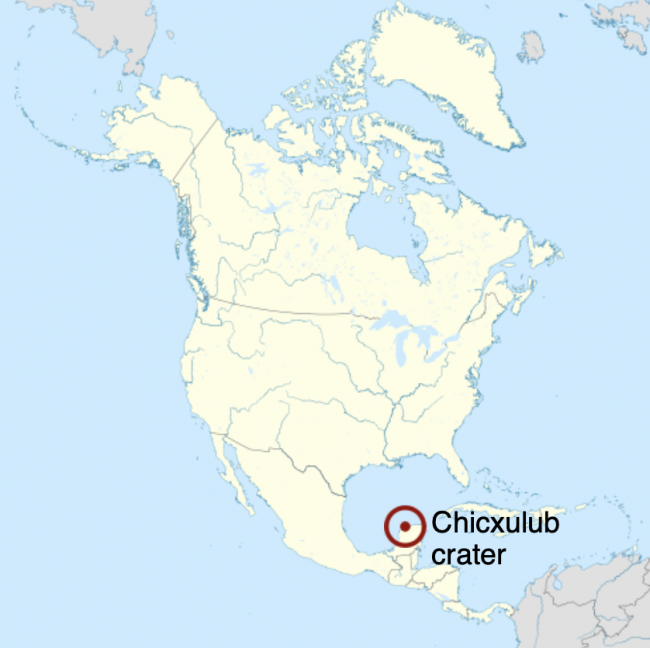 North and Central America with Chicxulub Crater location marked with a target symbol on Yucatan.