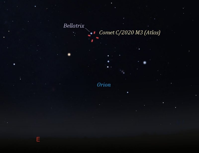 Star chart with Orion and tick marks showing location of comet.