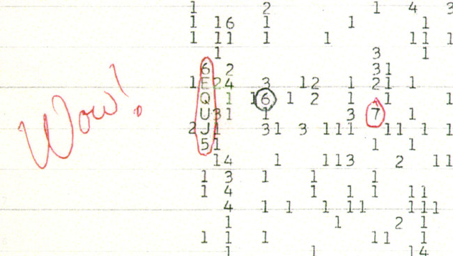 Wow! Signal: Computer printout with lines of numbers and the word Wow! scribbled in red on left side.