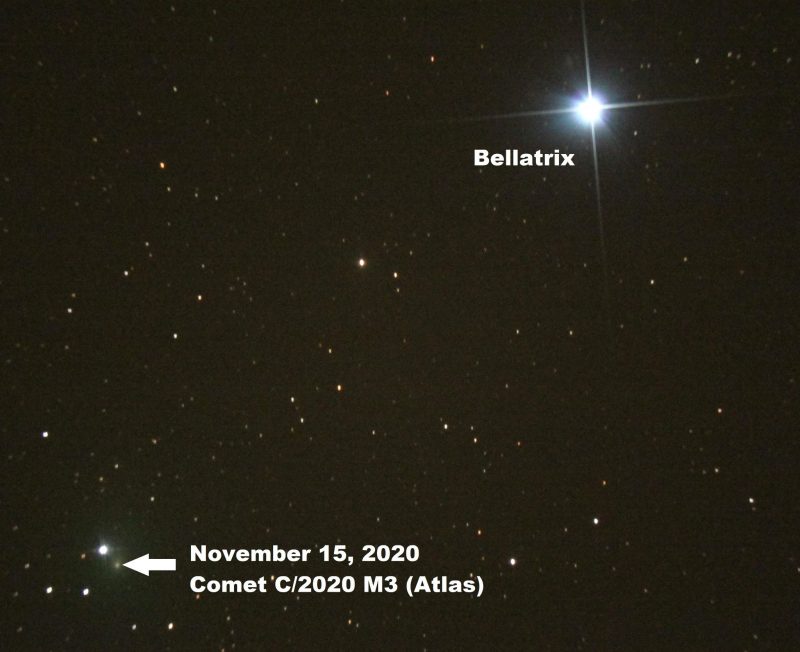 Photo of star Bellatrix, with a comet sweeping near.