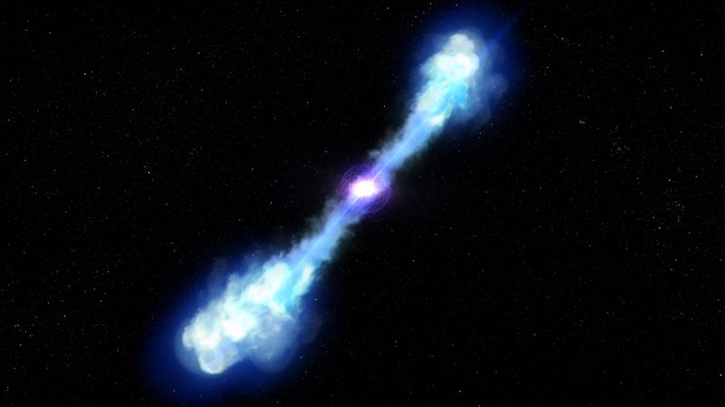 Glowing blue double-ended blast from a brilliant white star.