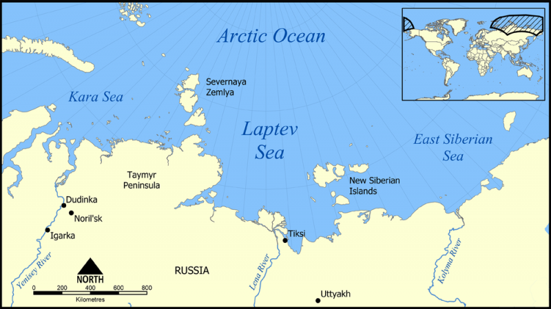Map of north coast of Siberia and part of Arctic Ocean with areas labeled.