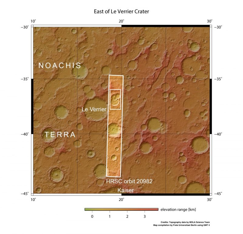 Orbital view of the red surface pitted by the crater with 2 white rectangles and labeled elements.