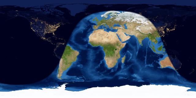 Worldwide map showing dark and light areas.