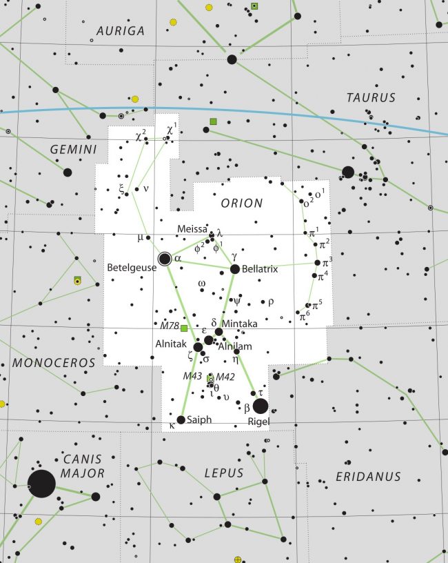 Star chart of the constellation Orion with stars in black on white.