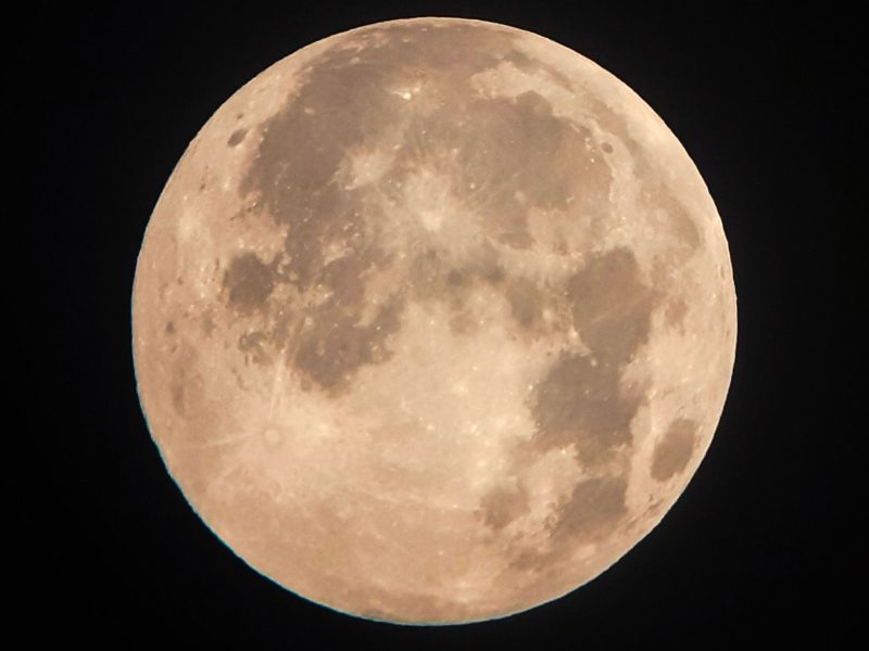 Closeup of the full moon, looking pinkish-yellowish.