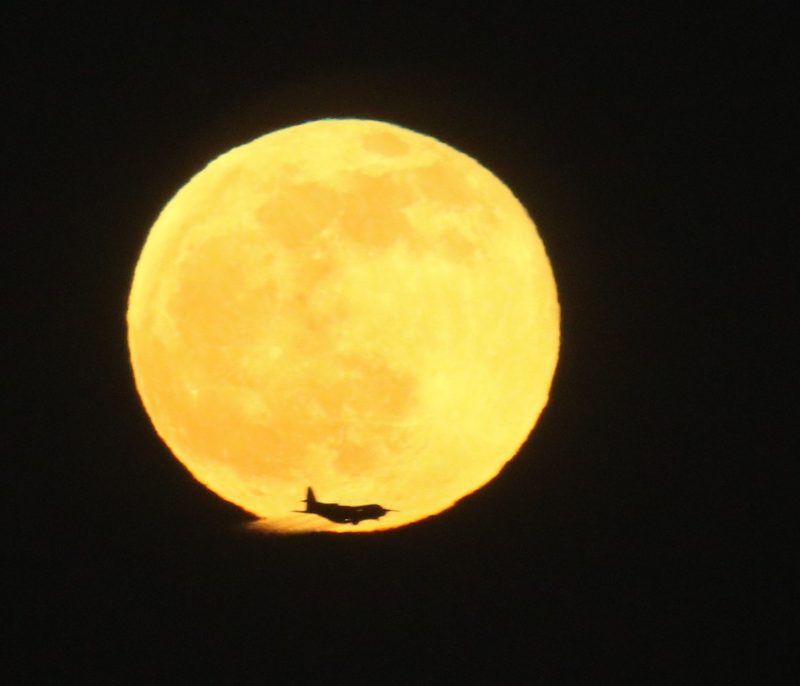 Large brilliant yellow moon with an airplane silhouetted against it.