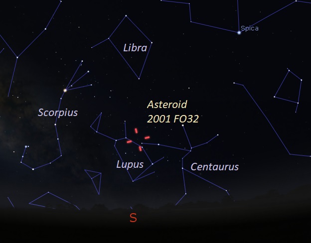 Chart of southern sky with constellations and red tick marks showing location of asteroid.