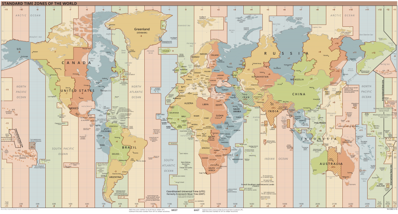 UTC: Map of the world with 24 colored vertical stripes.