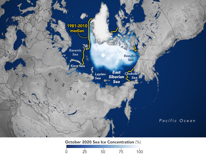 Map of the Arctic Ocean showing sea ice in white.