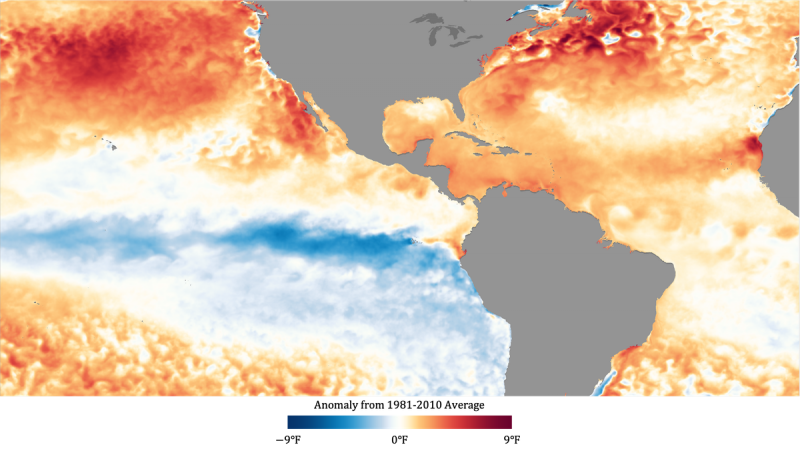 Map of Atlantic Ocean showing temps in orange and red. Part of eastern Pacific visible.